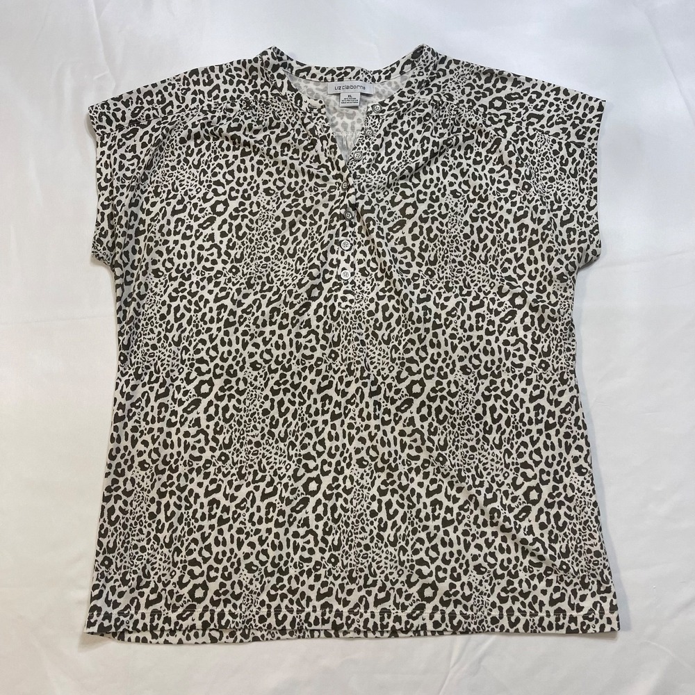 Liz Claiborne Women's XL Leopard Print Henley Top Short Sleeve Rayon Blend